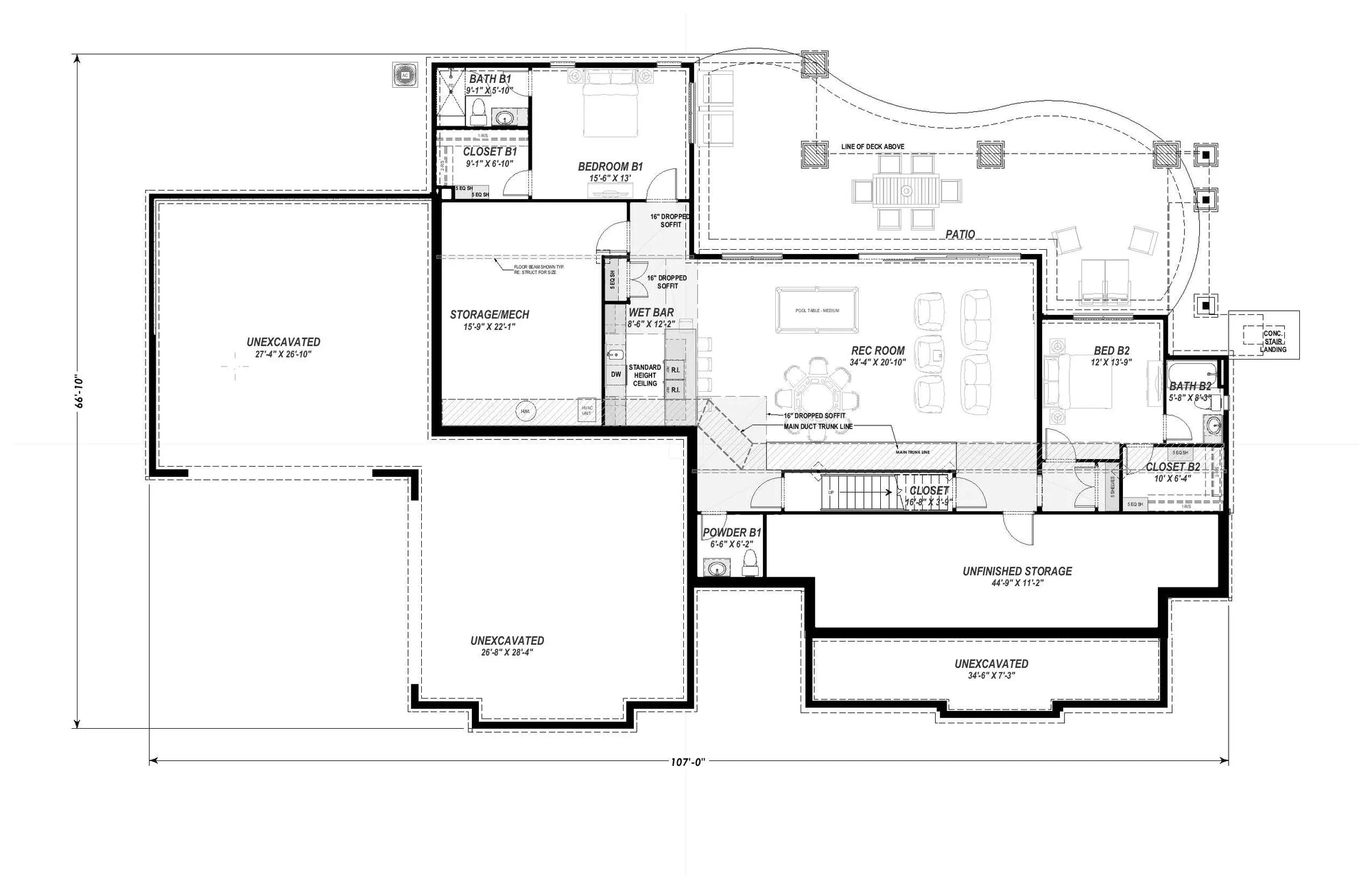 W7595-A Farmhouse House Basement Floor Plan, 2-4 Bedrooms, 2.5-4.5 Bathrooms | USA-2769-FH 