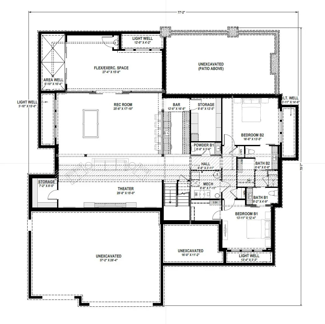 W7607-A Modern Farmhouse Basement Floor Plan, 3 Bedrooms, 3 Bathrooms | USA-2876-MOFH 