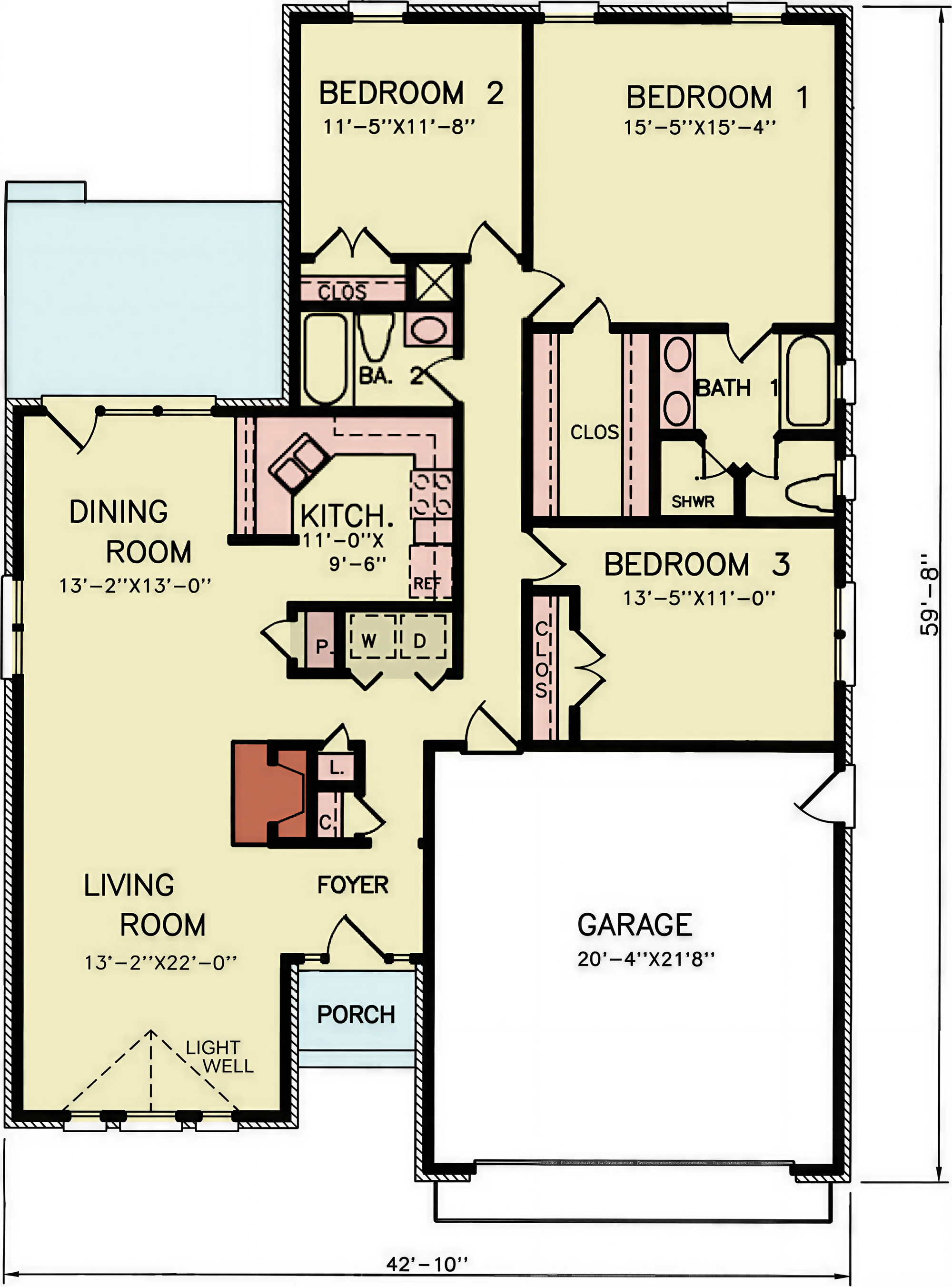 A8190-A Traditional House First Floor Plan, 3 Bedrooms, 2 Bathrooms | Julia House Plan 