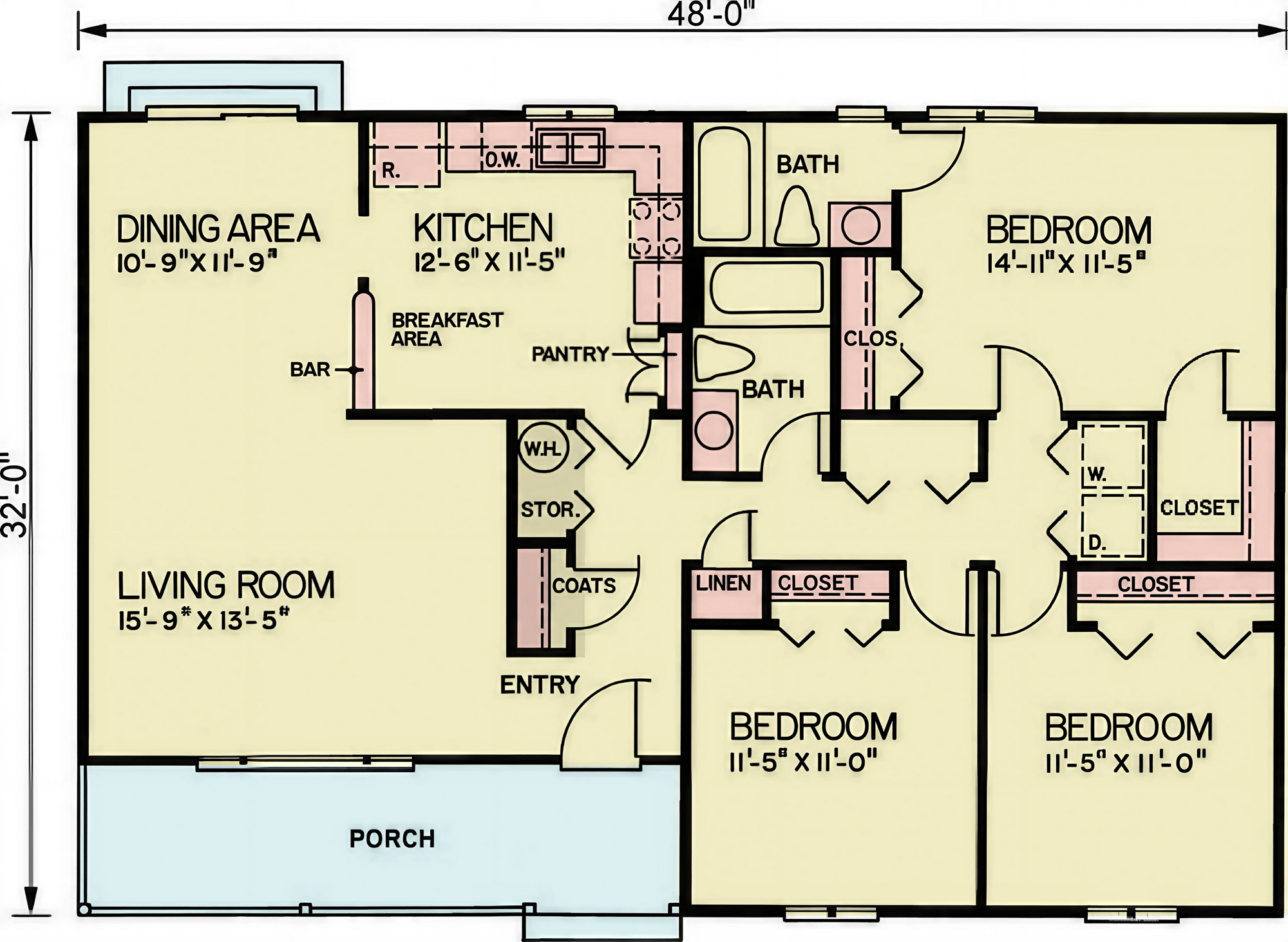 A8204-A Traditional House First Floor Plan, 3 Bedrooms, 2 Bathrooms | Beagle House Plan 