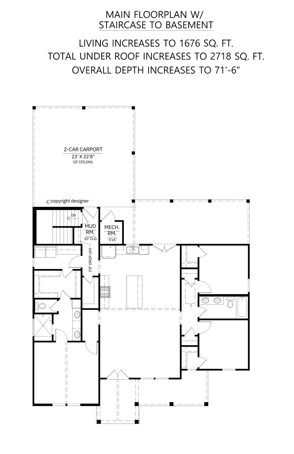 C6412-A Modern Farmhouse With Staircase to Basement Floor Plan, 3 Bed, 2 Bath | Windy Pines House Plan 