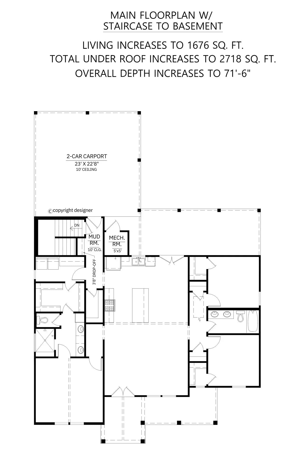 C6412-A Modern Farmhouse With Staircase to Basement Floor Plan, 3 Bed, 2 Bath | Windy Pines House Plan 