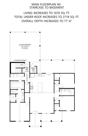 C6412-A Modern Farmhouse With Staircase to Basement Floor Plan, 3 Bed, 2 Bath | Windy Pines House Plan 