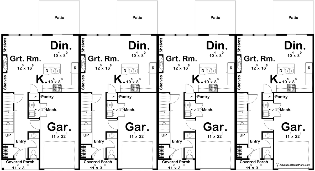 G7877-A Modern Farmhouse Quadplex First Floor Plan, 3 Bedrooms, 2.5 Bathrooms per unit | Buttonwood 30629 
