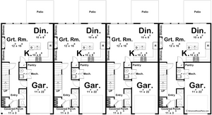 G7877-A Modern Farmhouse Quadplex First Floor Plan, 3 Bedrooms, 2.5 Bathrooms per unit | Buttonwood 30629 