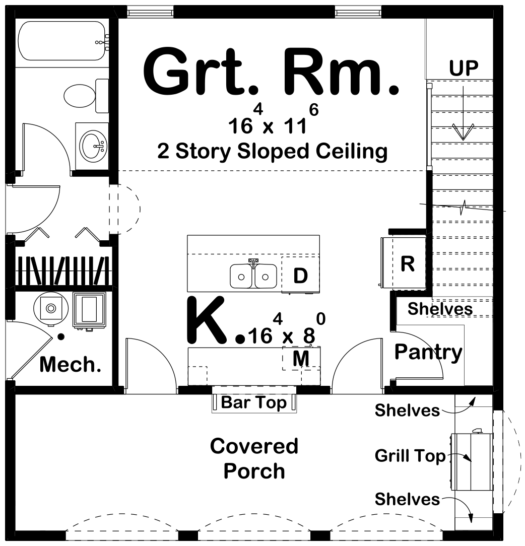 G7893-A Modern Cottage Pool House First Floor Plan, 2 Bathrooms | Calypso Bay 30234 