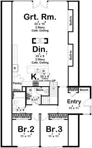 G7961-A Modern A-Frame House First Floor Plan, 3 Bedrooms, 2 Bathrooms | Deadwood 30369 