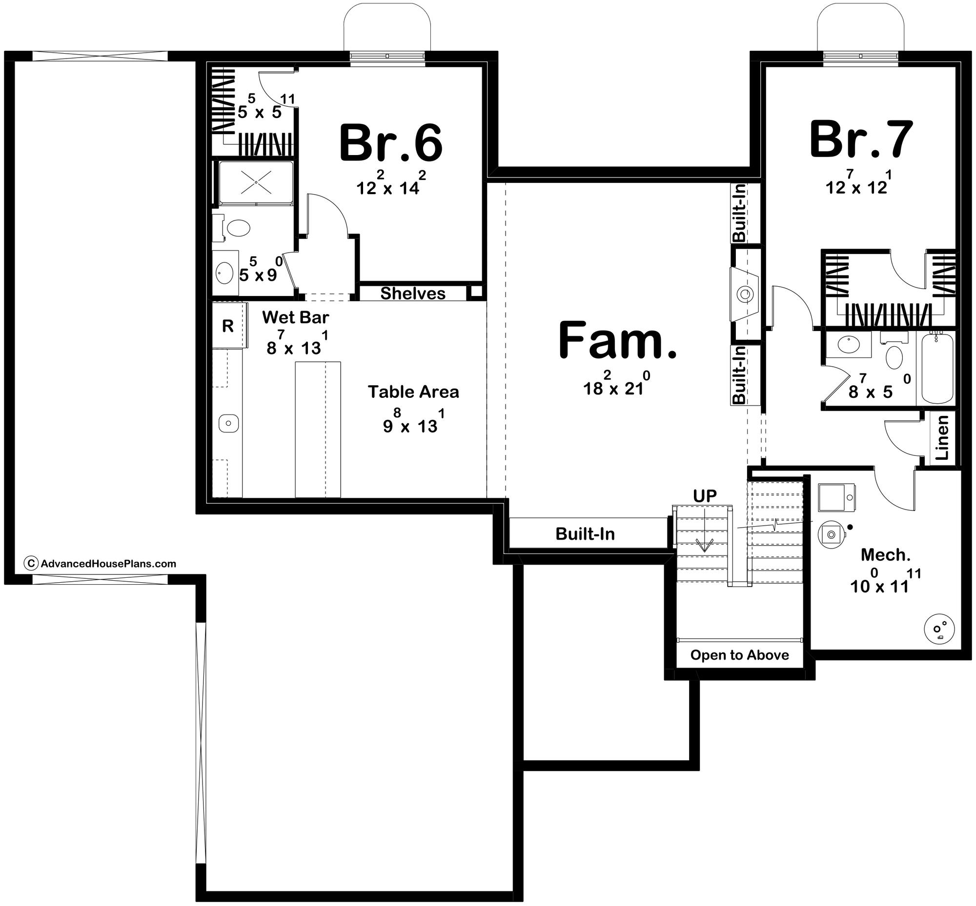 G8223-A Modern Cottage House Finished Basement Floor Plan, 5 to 7 Bedrooms, 3.5 to 5.5 Bathrooms | Marshall Way House Plan 