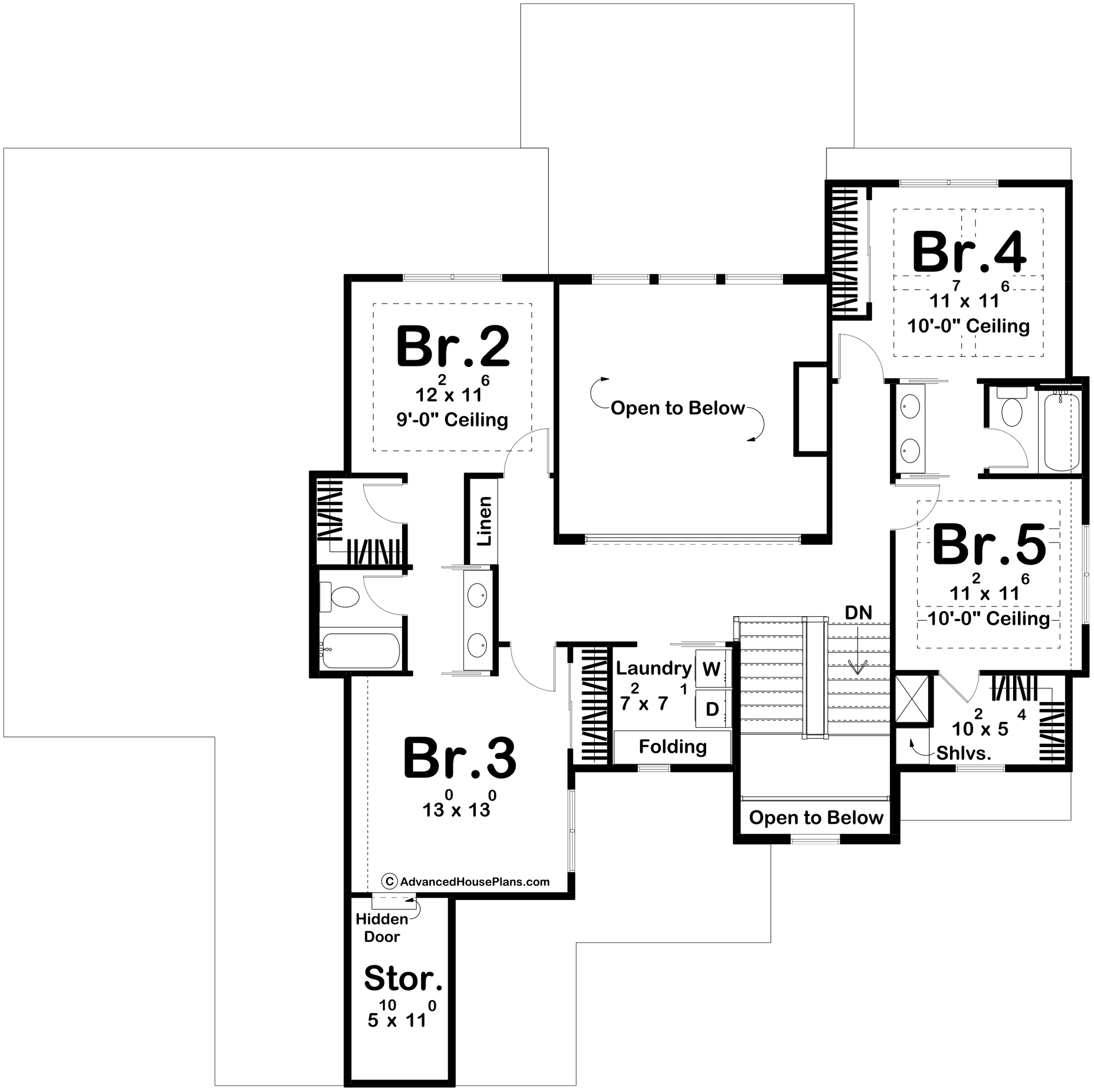 G8223-A Modern Cottage House Second Floor Plan, 5 to 7 Bedrooms, 3.5 to 5.5 Bathrooms | Marshall Way House Plan 