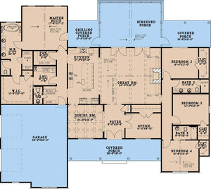 AE8401-A Farmhouse House Floor Plan, 4 Bedrooms, 3.5 Bathrooms | Rowan Place House Plan 
