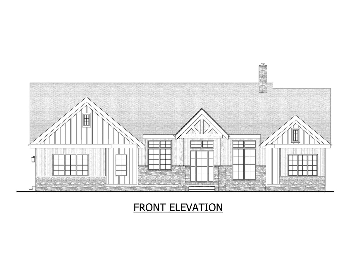 AJ7715-A Mountain Ranch House Front Elevation, 3 Bedrooms, 2.5 Bathrooms | Plan 1060 