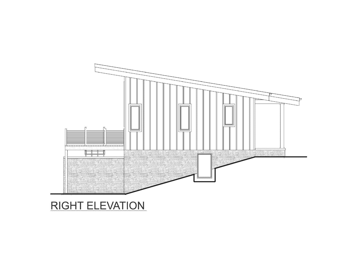 AJ7706-A Modern Ranch House Right Elevation, 3 Bedrooms, 2.5 Bathrooms | Plan 1053 
