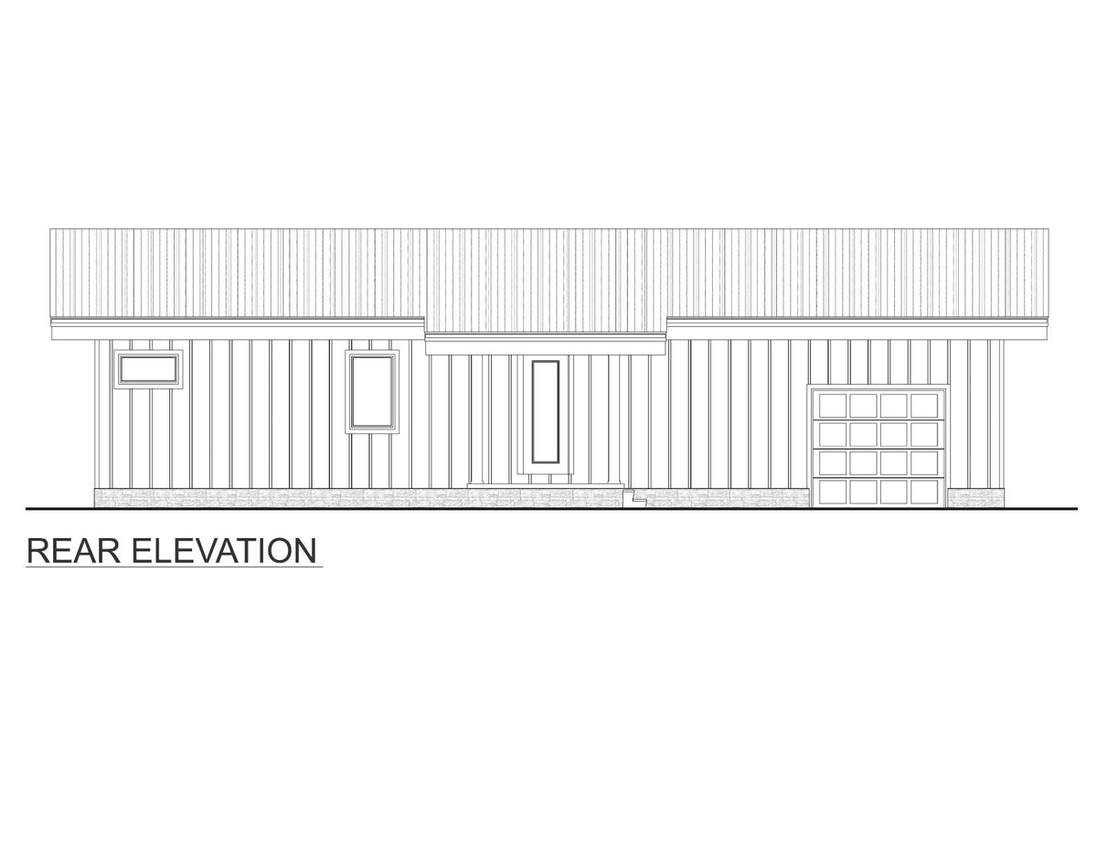 AJ7706-A Modern Ranch House Rear Elevation, 3 Bedrooms, 2.5 Bathrooms | Plan 1053 