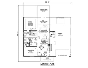 AJ7703-A Modern Barn House First Floor Plan, 2 Bedrooms, 2 Bathrooms | Plan 1049 
