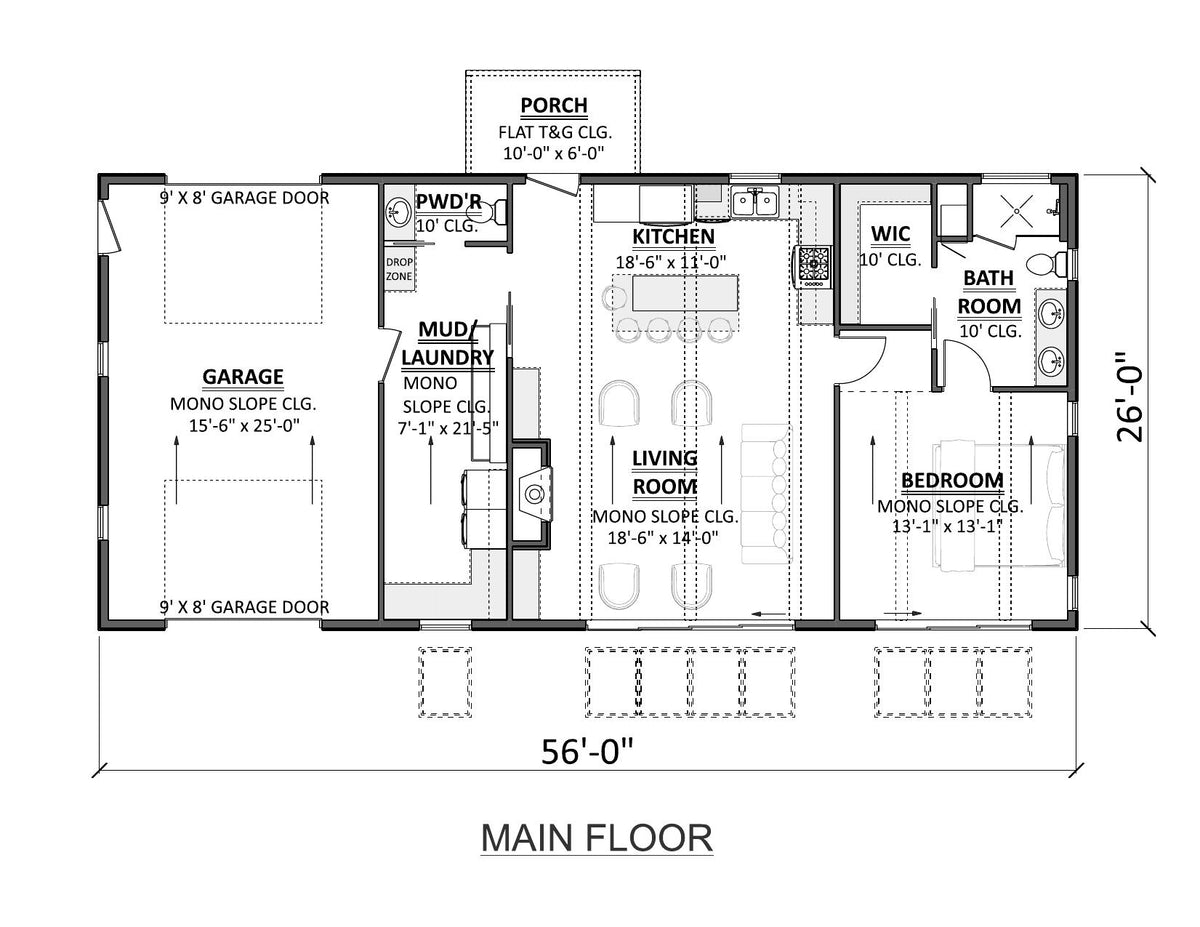 AJ7705-A Contemporary House First Floor Plan, 1 Bedroom, 1.5 Bathroom | Plan 1052 