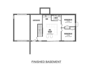 AJ7706-A Modern Ranch House Basement Floor Plan, 3 Bedrooms, 2.5 Bathrooms | Plan 1053 
